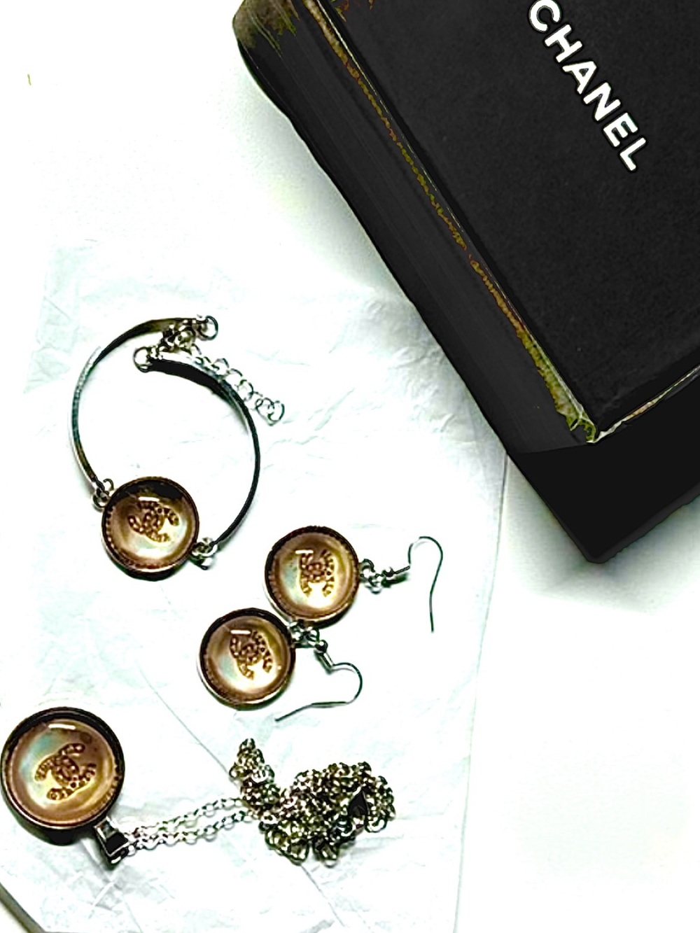 Custom Made CC Jewelry Set: Earrings, bracelet & necklace in 
Silver Tone NWB